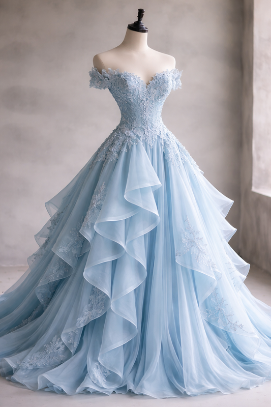 Gorgeous A-Line Long Evening Dress Off-shoulder Tulle Applique Party Dress Pale Blue Prom Dress DP05336