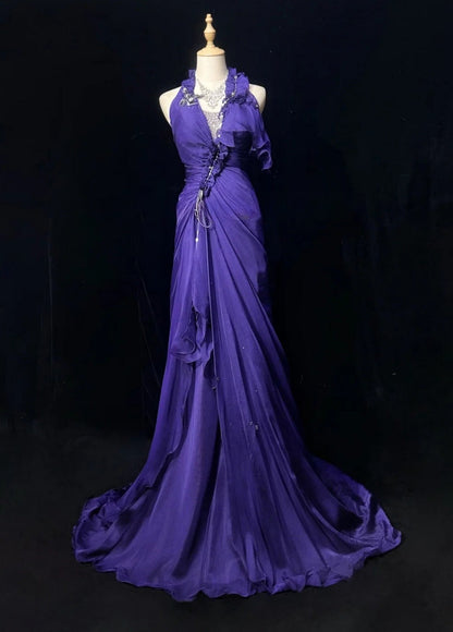 Chic Halter Sheath Chiffon Long Evening Dress Purple  Prom Dress DP05355
