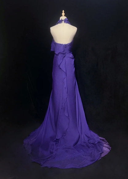 Chic Halter Sheath Chiffon Long Evening Dress Purple  Prom Dress DP05355