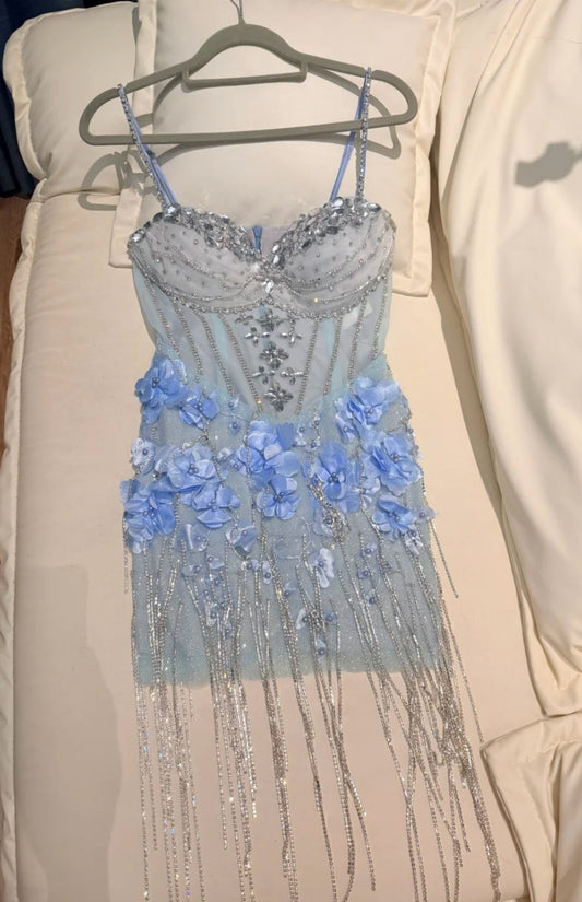 Gorgeous Blue Short Prom Dress Spaghetti Straps Sheath Beaded Cocktail Dress Sleeveless Tulle Birthday Dress DP05379