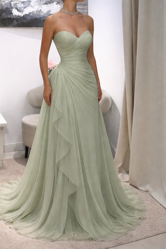 Chic Sage Prom Dress Sweetheart Sheath Chiffon Long Evening Dress Sleeveless Formal Dress  DP05386