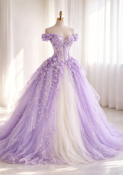 Gorgeous Lilac Quinceanera Dress Off-shoulder Ball Gown Tulle Appliques Sweet 16 Dress Sleeveless Birthday Dress DP05403