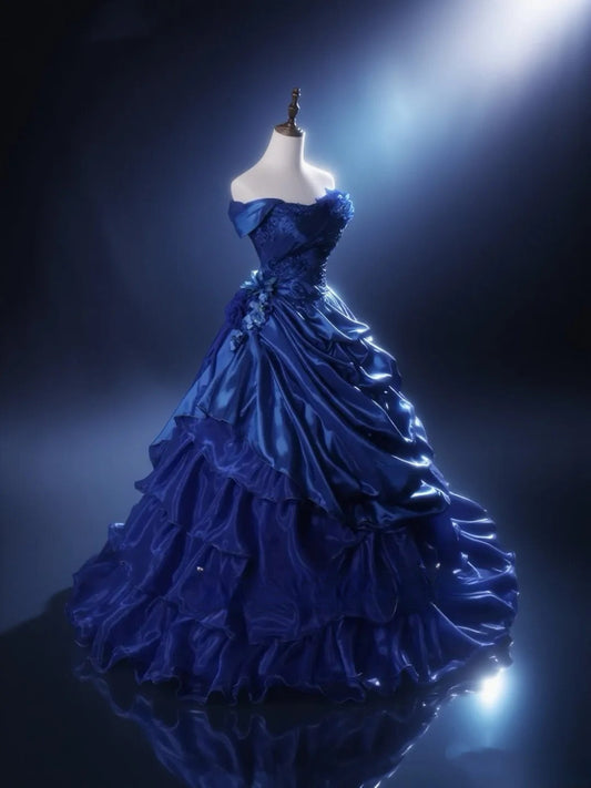 Gorgeous Navy Blue Quinceanera Dress Off-shoulder Ball Gown Satin Sweet 16 Dress Sleeveless Birthday Dress DP05406