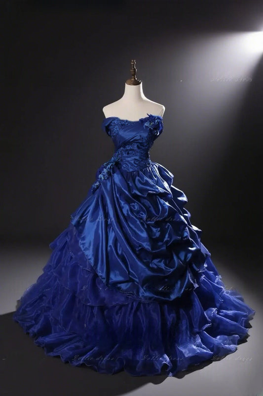 Gorgeous Navy Blue Quinceanera Dress Off-shoulder Ball Gown Satin Sweet 16 Dress Sleeveless Birthday Dress DP05406