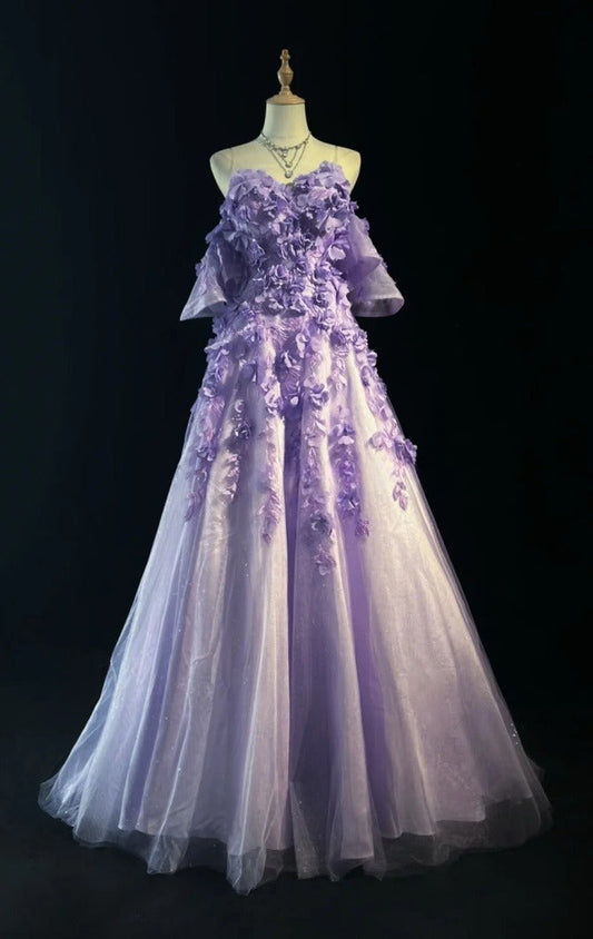 Fairy Purple Prom Dress Sweetheart Formal Dress A-Line Tulle Appliques Long Evening Dress DP05414