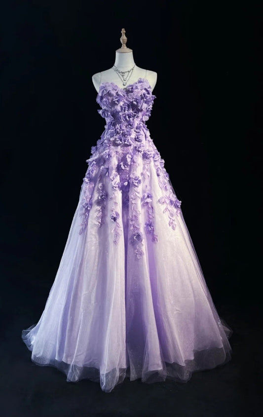 Fairy Purple Prom Dress Sweetheart Formal Dress A-Line Tulle Appliques Long Evening Dress DP05414