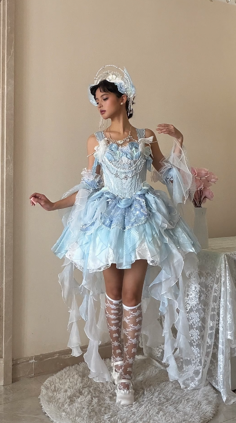 Fairy Blue Birthday Dress Straps Ball Gown Lace Lolita Dress Tulle Blue Party Dress DP05422