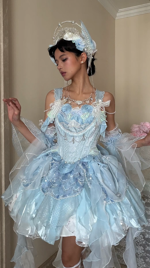 Fairy Blue Birthday Dress Straps Ball Gown Lace Lolita Dress Tulle Blue Party Dress DP05422