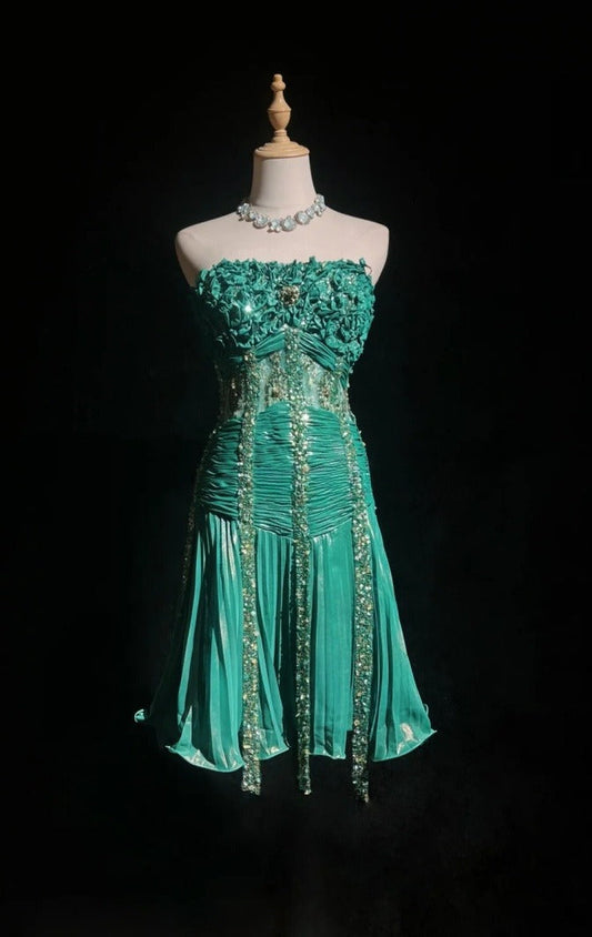 Fairy Turquoise Birthday Dress Strapless Party Dress Satin Sheath Short Prom Dress DP05424