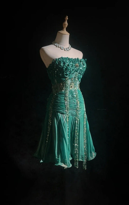 Fairy Turquoise Birthday Dress Strapless Party Dress Satin Sheath Short Prom Dress DP05424