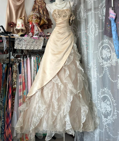 Fairy Light Gold Prom Dress Strapless A-Line Tulle Long Evening Dress DP05428