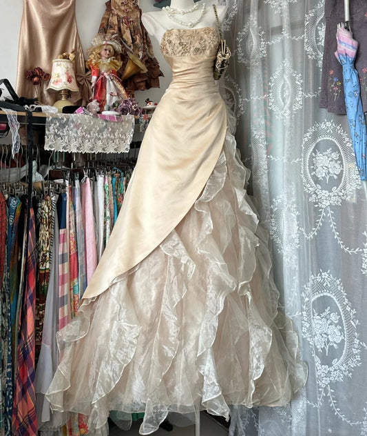 Fairy Light Gold Prom Dress Strapless A-Line Tulle Long Evening Dress DP05428