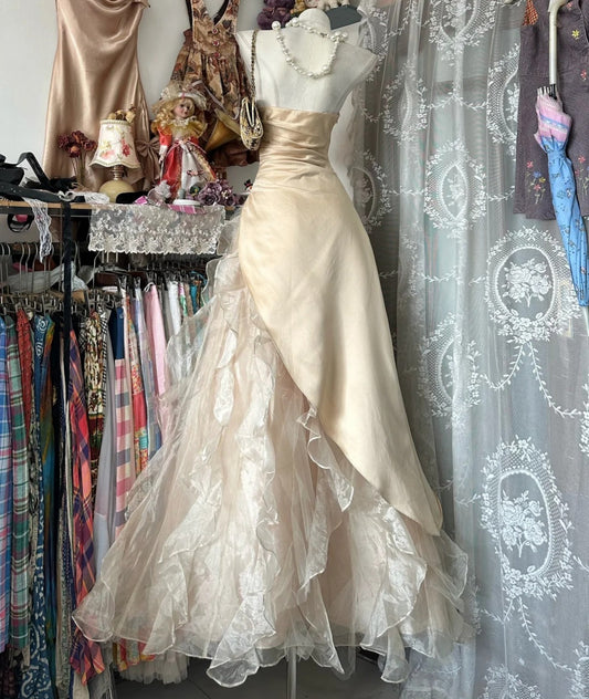 Fairy Light Gold Prom Dress Strapless A-Line Tulle Long Evening Dress DP05428