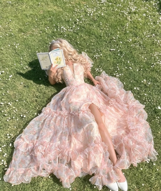 Fairy Pink  Prom Dress V-neck A-Line Long Birthday Dress Floral Chiffon Evening Dress DP05430