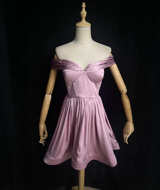 Fairy Pink Short Prom Dress Off-shoulder A-Line Graduation Prom Dress Satin Cocktail Dress DP05431