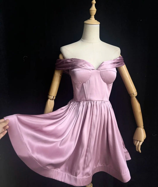 Fairy Pink Short Prom Dress Off-shoulder A-Line Graduation Prom Dress Satin Cocktail Dress DP05431
