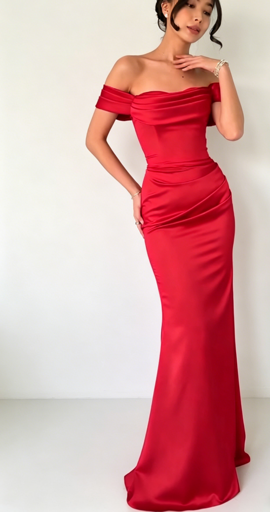 Fairy Red Prom Dress Off-shoulder Sheath Long Evening Dress Satin Wedding Guest Dress DP05432