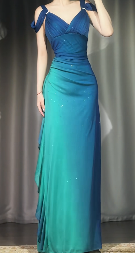 Fairy Teal Prom Dress Off-shoulder Sheath Chiffon Long Evening Dress  DP05436