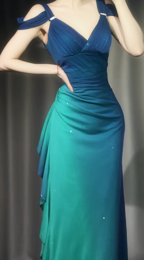 Fairy Teal Prom Dress Off-shoulder Sheath Chiffon Long Evening Dress  DP05436