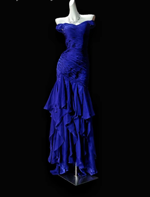 Fairy Blue Prom Dress Off-shoulder Sheath Satin Long Evening Dress  DP05437