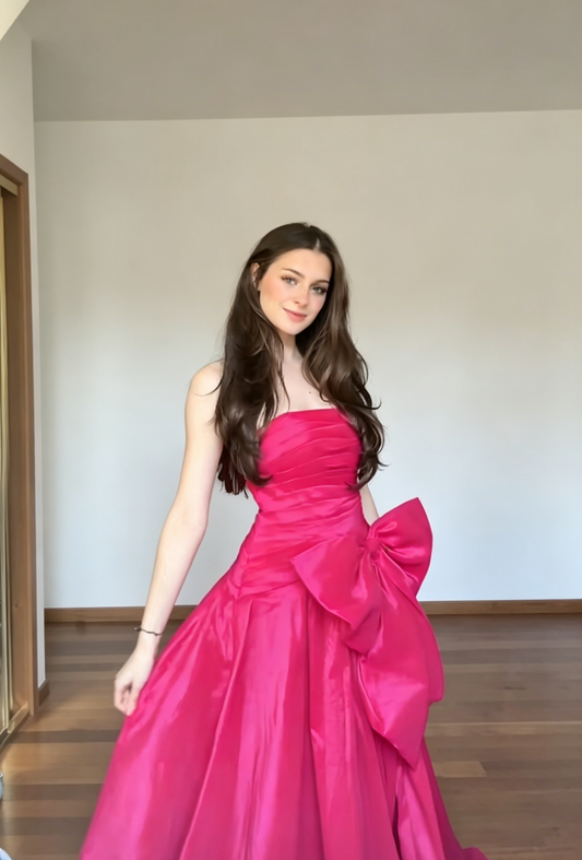 Fairy Hot Pink Prom Dress Strapless A-Line Satin Long Evening Dress  DP05438
