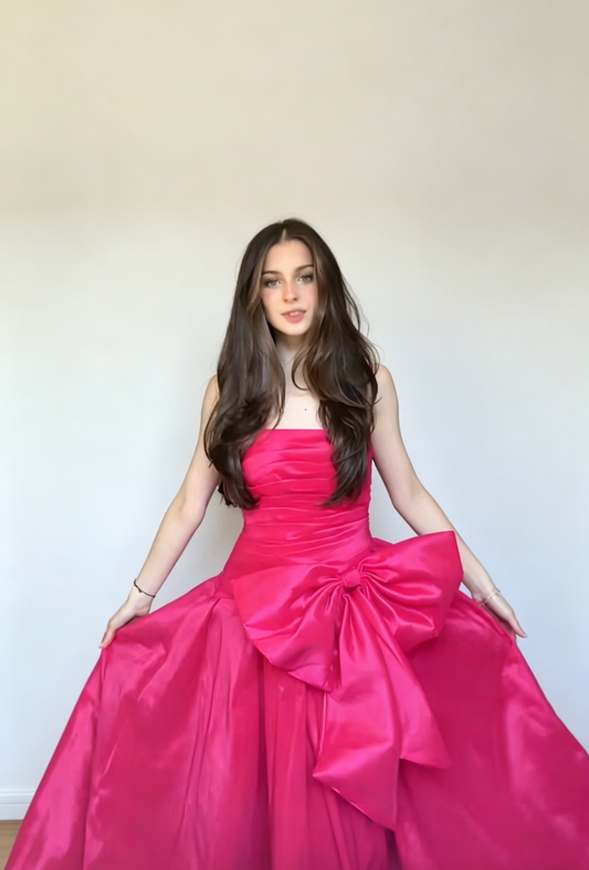 Fairy Hot Pink Prom Dress Strapless A-Line Satin Long Evening Dress  DP05438