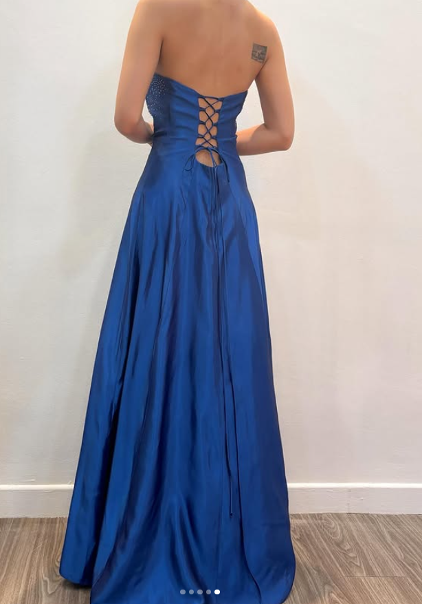 Chic Blue Prom Dress Strapless A-Line Satin Sequins Long Evening Dress DP05440