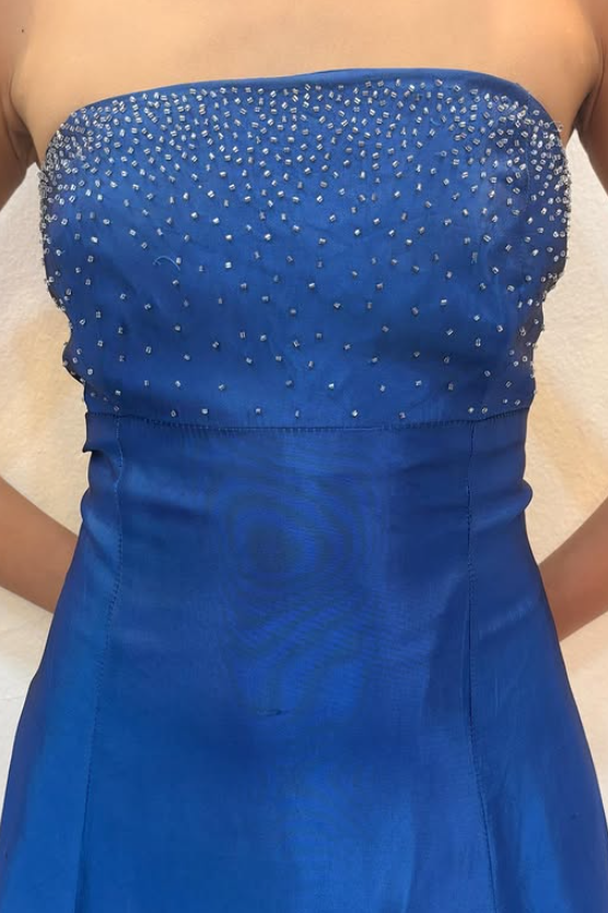 Chic Blue Prom Dress Strapless A-Line Satin Sequins Long Evening Dress DP05440