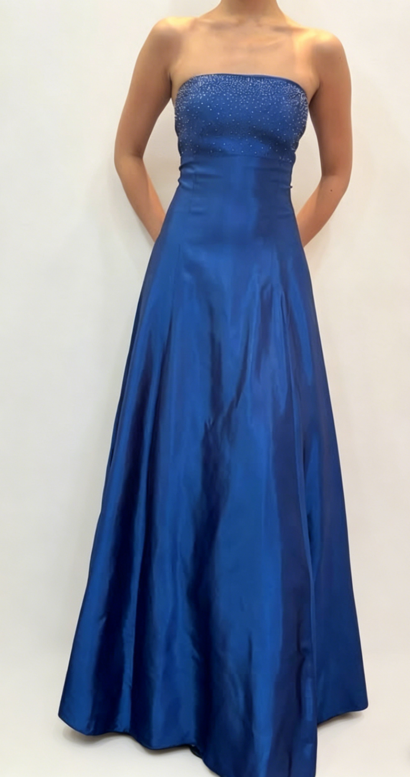 Chic Blue Prom Dress Strapless A-Line Satin Sequins Long Evening Dress DP05440