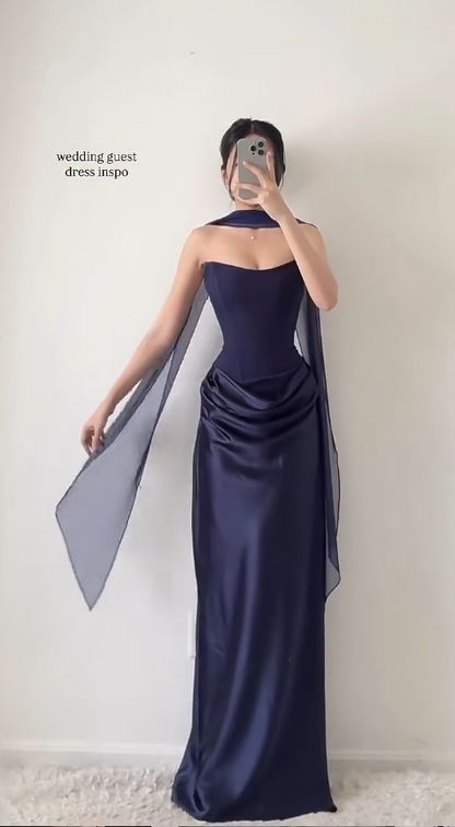 Chic Navy Blue Wedding Guest Dress Strapless Sheath Satin Long Evening Dress DP05448