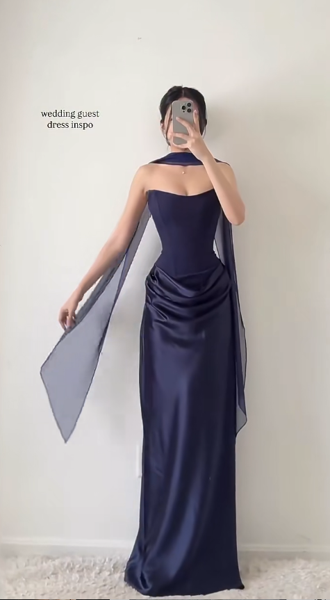 Chic Navy Blue Wedding Guest Dress Strapless Sheath Satin Long Evening Dress DP05448