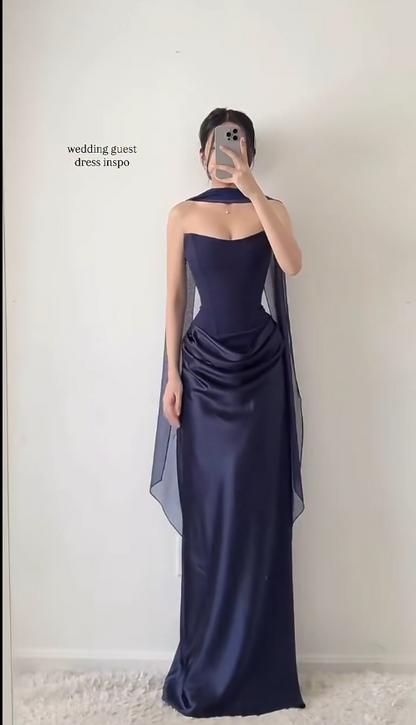 Chic Navy Blue Wedding Guest Dress Strapless Sheath Satin Long Evening Dress DP05448
