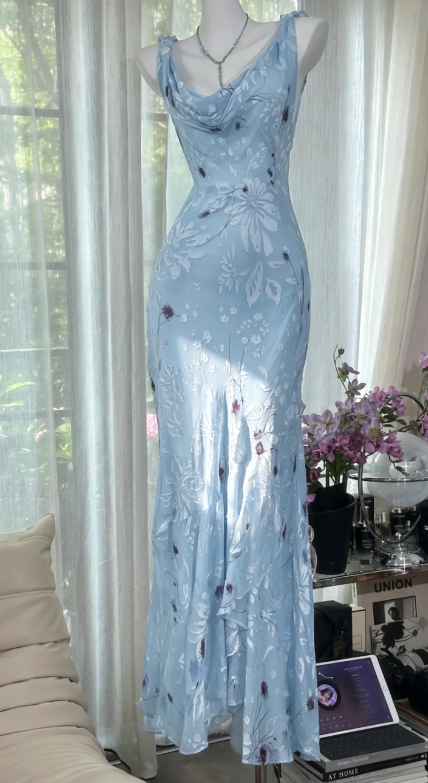 Elegant Straps Sheath Chiffon Long Evening Dress Blue Wedding Guest Dress DP05461