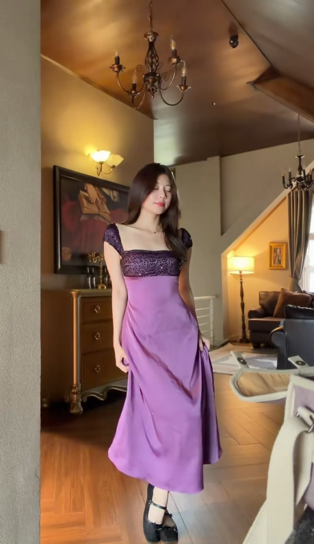 Fairy Purple Birthday Dress Satin Evening Dress Sheath Long Evening Dress DP05466