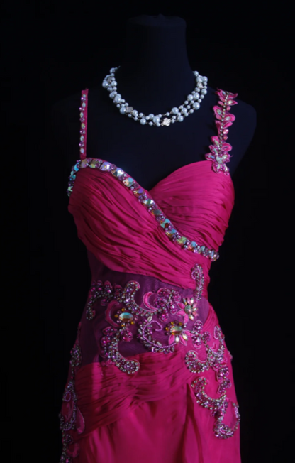 Fairy Spaghetti Straps Sheath Long Evening Dress Hot Pink Prom Dress Chiffon Formal Dress DP05467