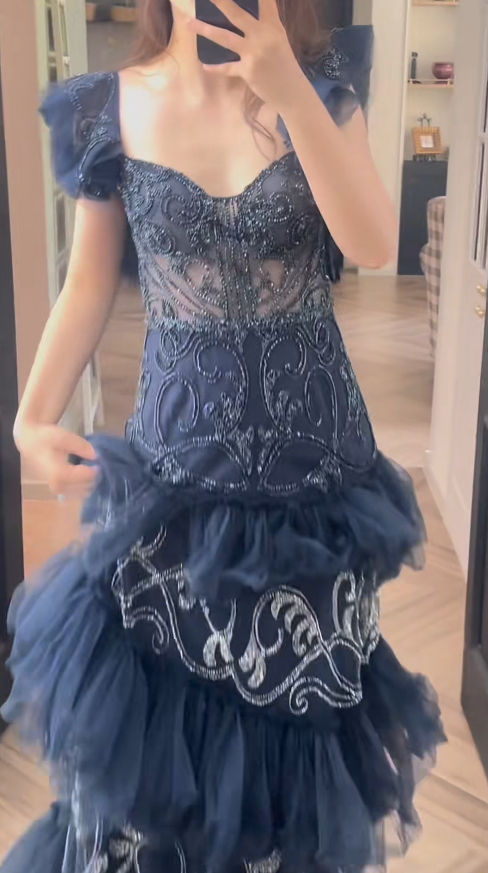 Fairy Sweetheart Sheath Long Evening Dress Navy Blue Prom Dress Tulle Formal Dress DP05471