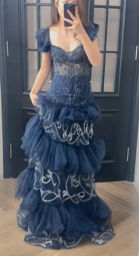 Fairy Sweetheart Sheath Long Evening Dress Navy Blue Prom Dress Tulle Formal Dress DP05471