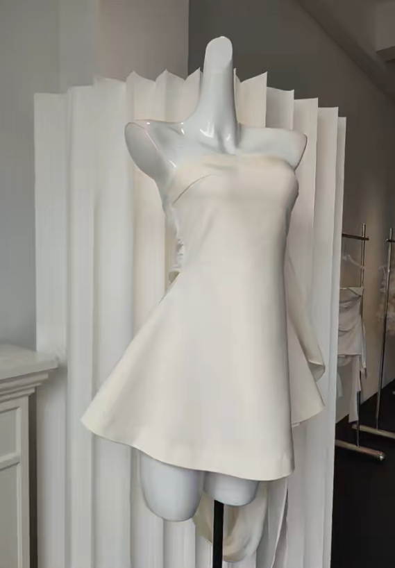 Chic White Short Prom Dress A-Line Chiffon Birthday Dress Strapless  Cocktail Dress DP05488