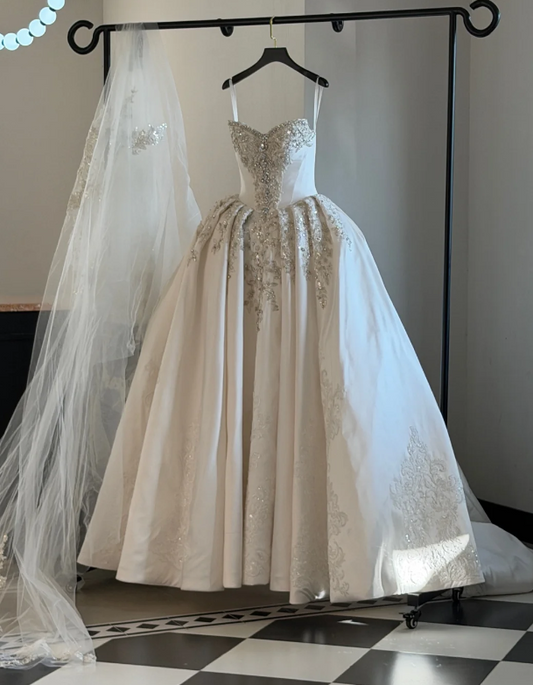 Elegant White Wedding Dress Strapless A-Line Bridal Dress Beaded Satin Bridal Gown DP05495