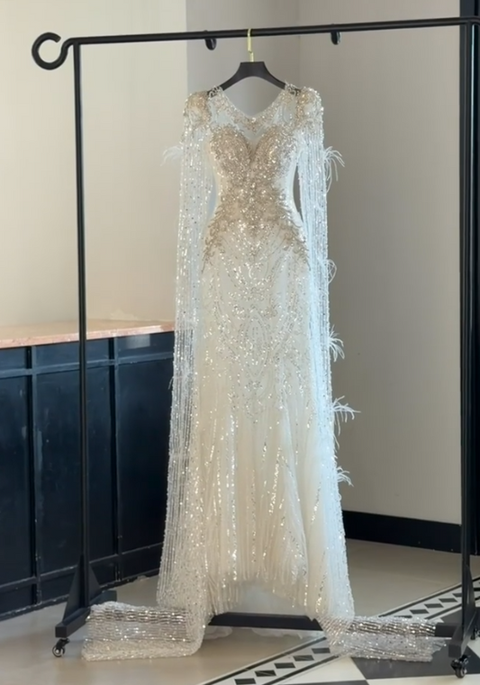 Elegant White Wedding Dress Sheath Bridal Dress Sequins Tulle Bridal Gown DP05497