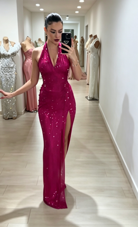 Elegant Halter Sheath Chiffon Long Evening Dress Fuchsia Prom Dress DP05511