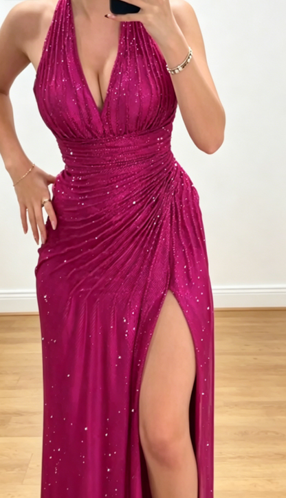 Elegant Halter Sheath Chiffon Long Evening Dress Fuchsia Prom Dress DP05511