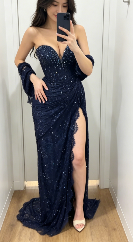 Elegant Sweetheart Sheath Lace Long Evening Dress Rhinstone Navy Blue Prom Dress DP05523
