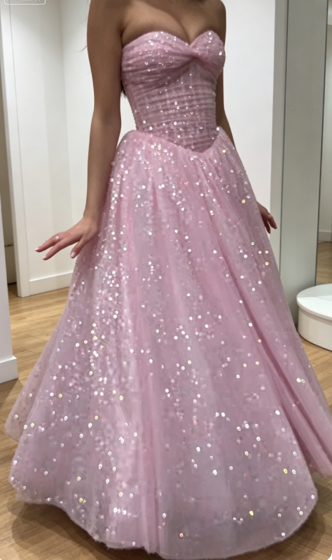 Elegant Sweetheart A-Line Tulle Long Evening Dress Glitter Pink Prom Dress DP05524