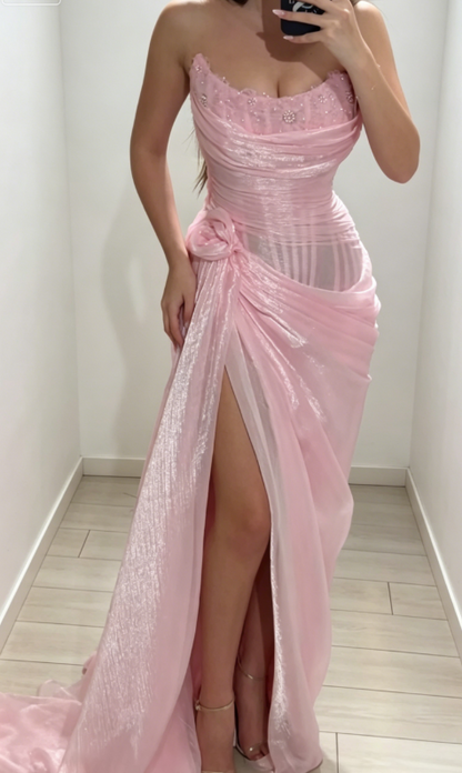 Chic Strapless Sheath Chiffon Long Evening Dress Pink Prom Dress DP05535