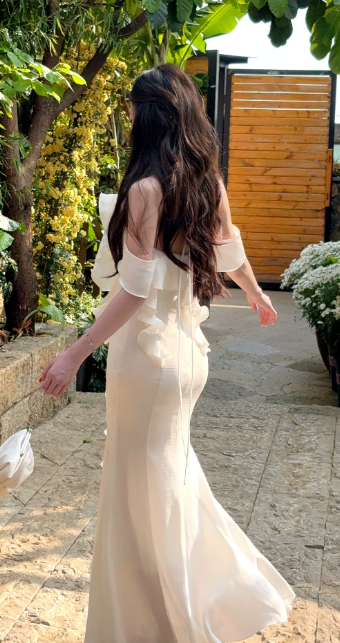 Chic Spaghetti Straps Sheath Chiffon Long Evening Dress White Wedding Guest Dress  DP05555