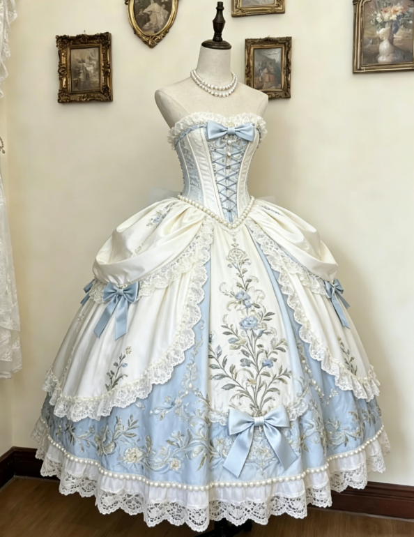 Chic Strapless Birthday Dress Ball Gown Satin Embroidered Long Prom Dress Pale Blue Sweet 16 Dress  DP05579