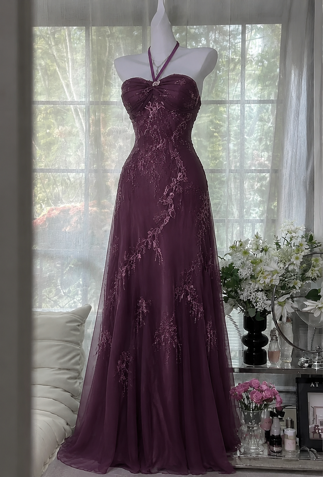 Chic Halter A-Line Chiffon Beadded Long Evening Dress Purple Prom Dress   DP05585