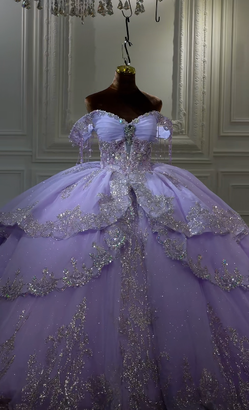 Gorgeous Off-shoulder Ball Gown Sweet 16 Dress Purple Quinceanera Dress Beaded Tulle Long Prom Dress DP05589