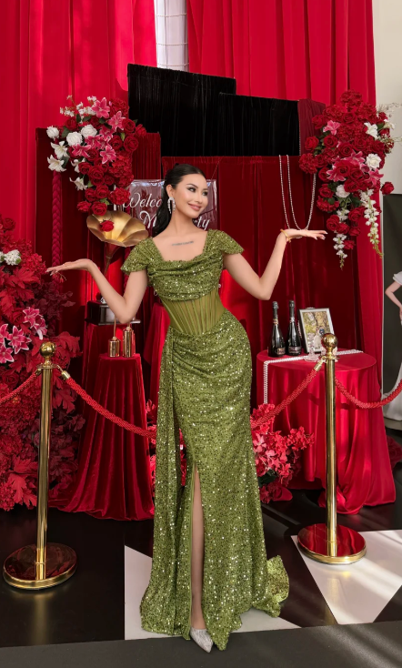 Fashion Sheath Tulle Sequins Long Evening Dress Olive Green Prom Dress DP05596